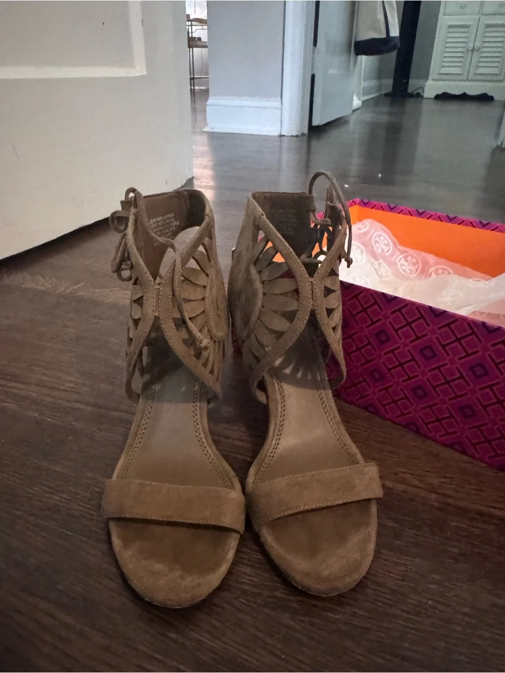 Tory Burch Taupe Suede Cutout Lace-Up Heels
